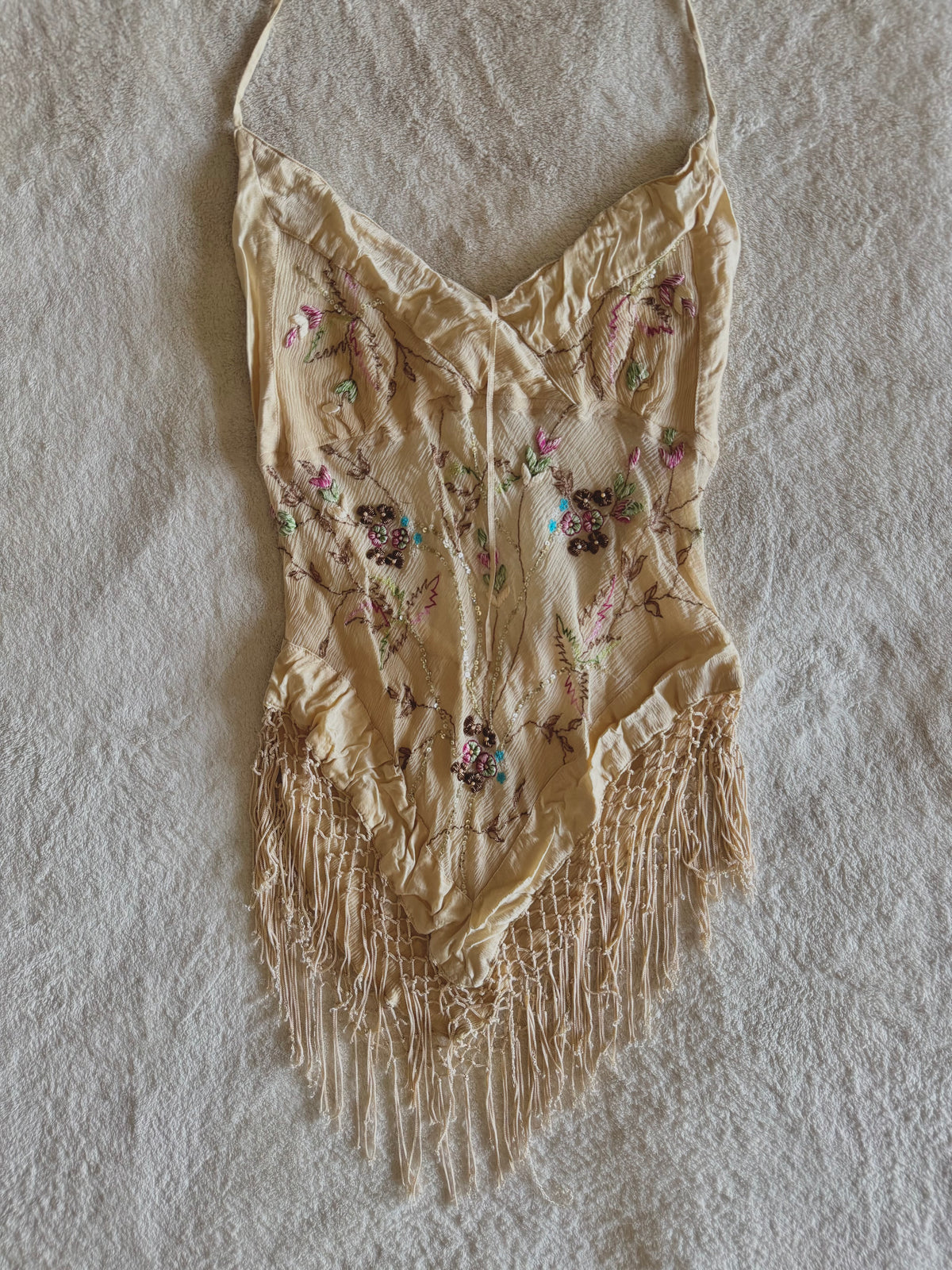 y2k vintage silk floral embroidery fitted halterneck top with lattice tassels festival western