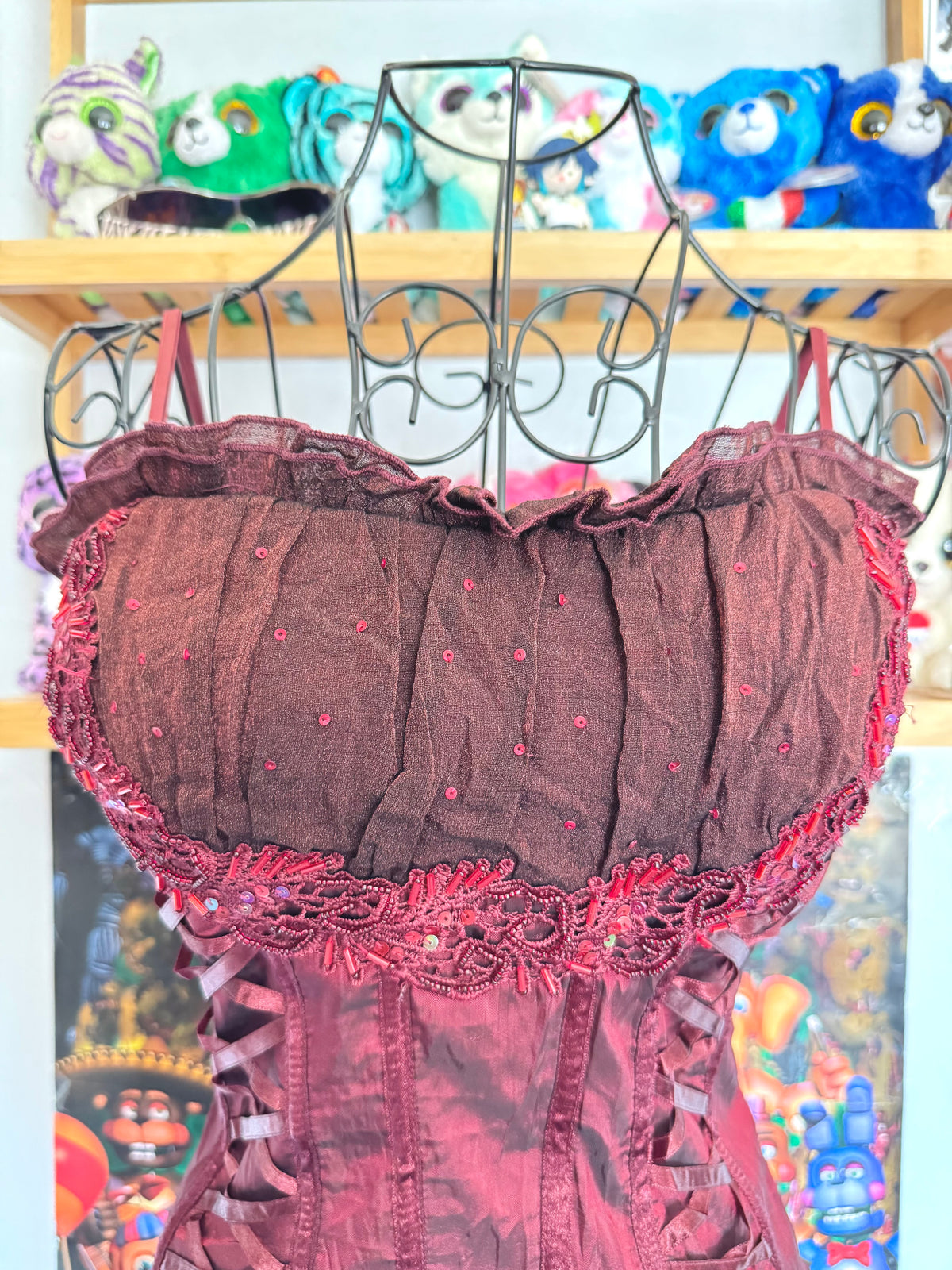 y2k vintage crimson red lace up look sequin embellished boned and fitted corset top