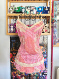 y2k vintage paisley print pink fitted cami top with sequins and lace trimmings