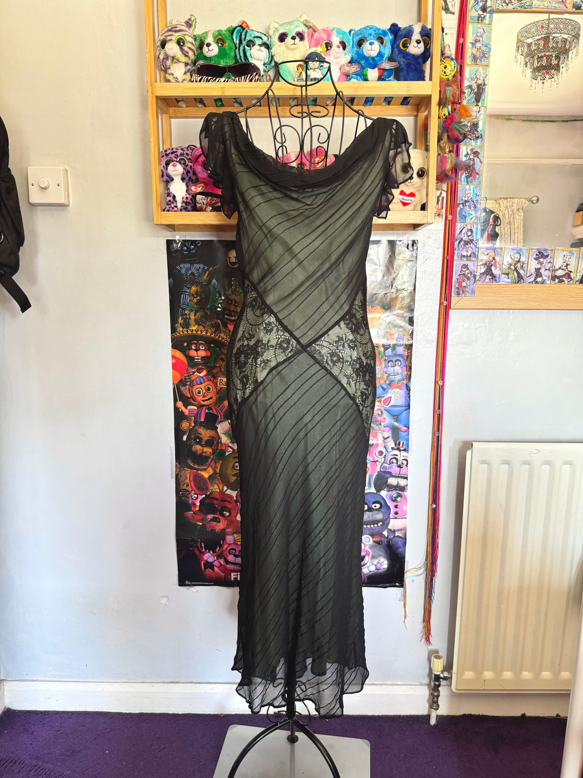 y2k vintage silk mint and black maxi length boat neck dress