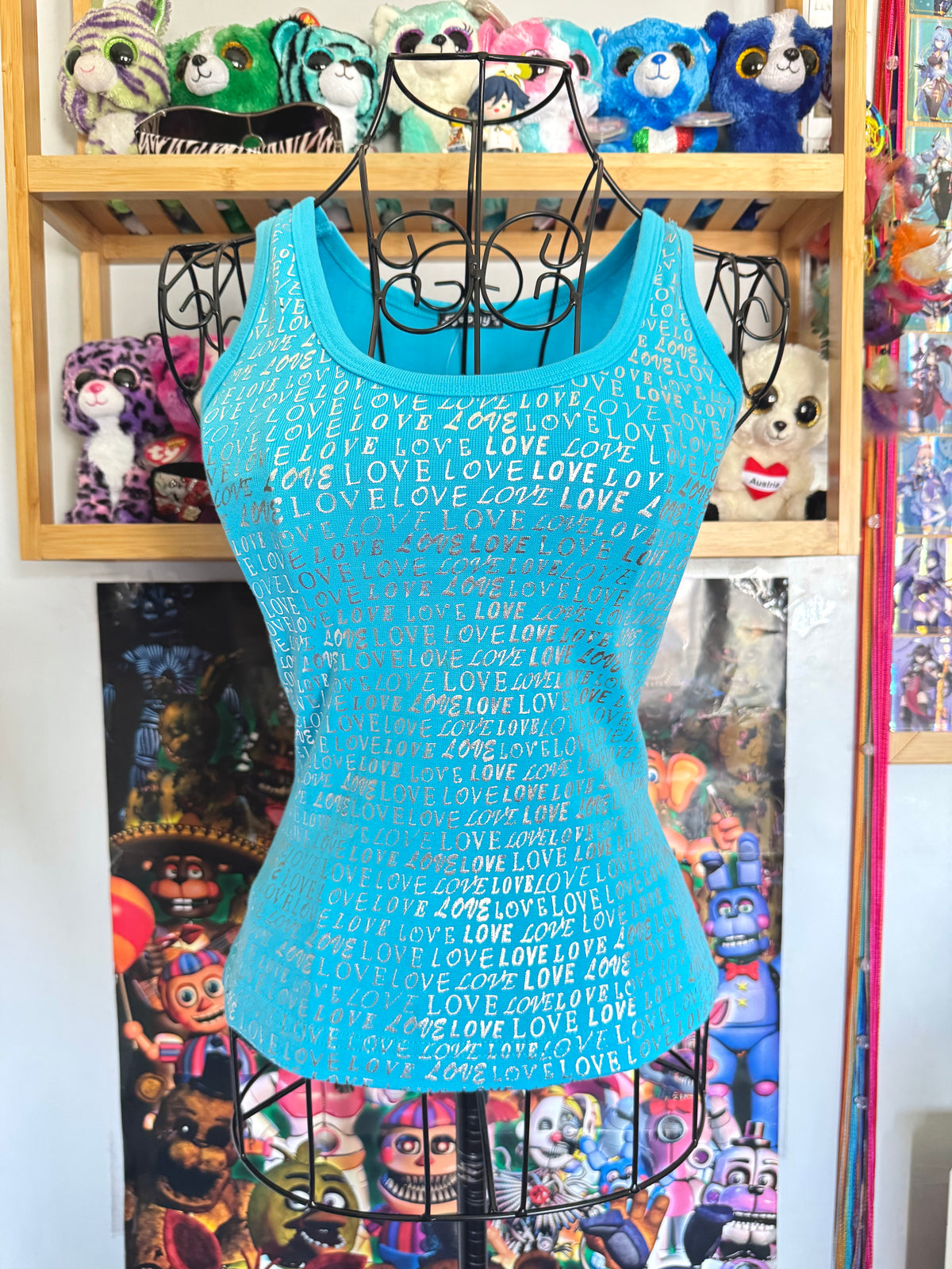 y2k vintage deadstock bnwt aqua blue metallic graphic sleeveless vest top