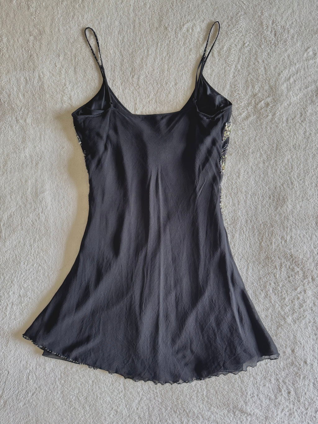 y2k vintage silk black and silver sequin embellished floaty mini dress