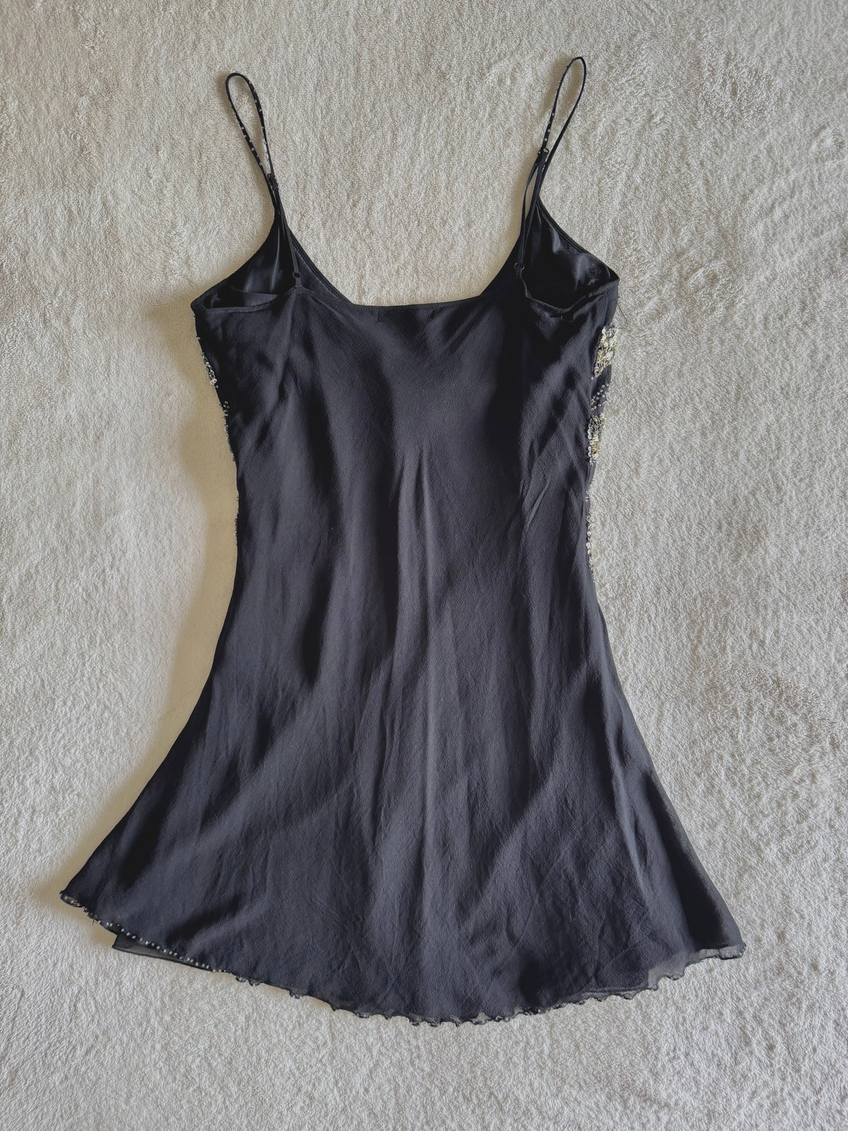y2k vintage silk black and silver sequin embellished floaty mini dress