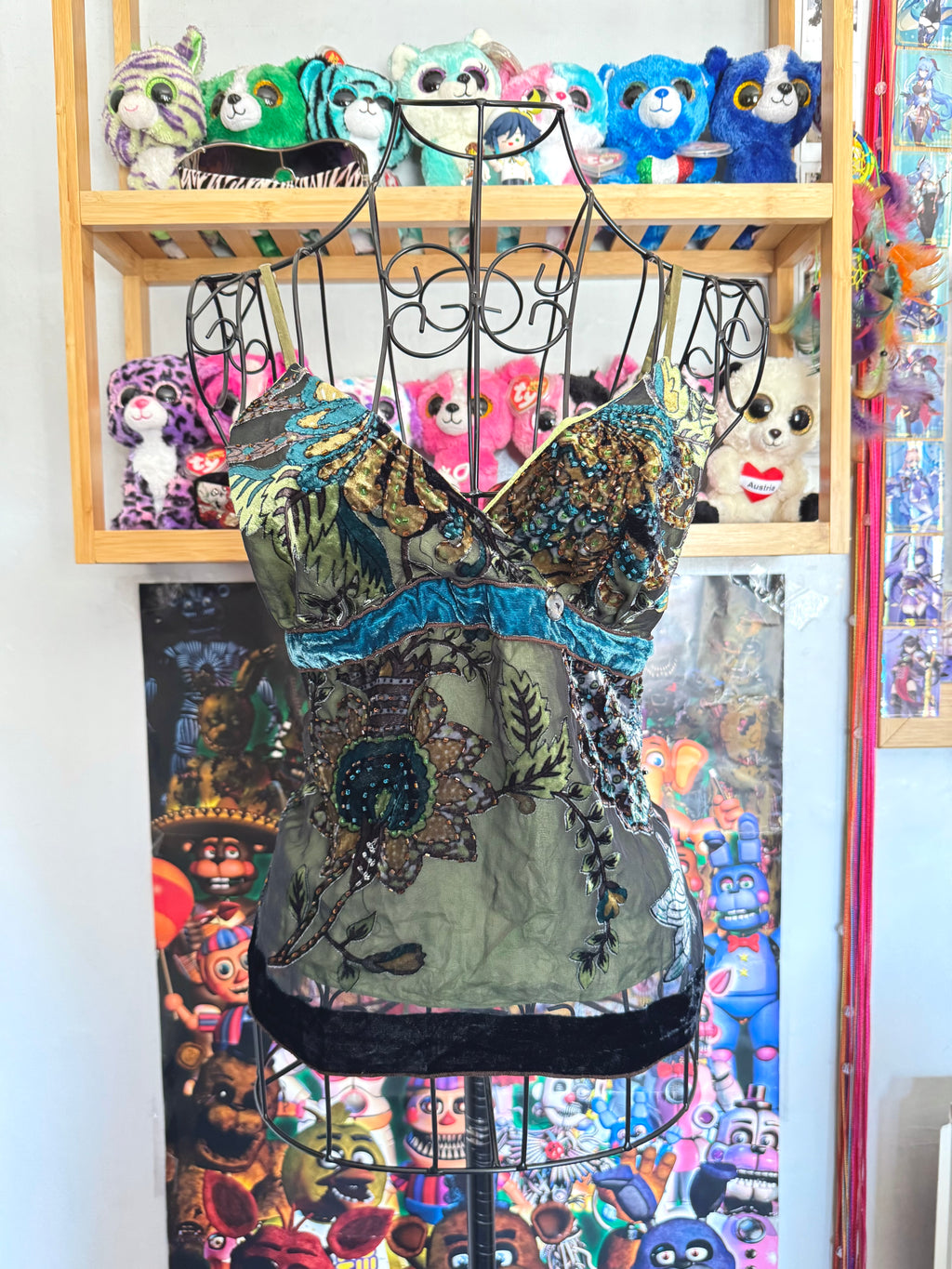 y2k vintage silk forest green beaded velvet camisole top earthy fairy
