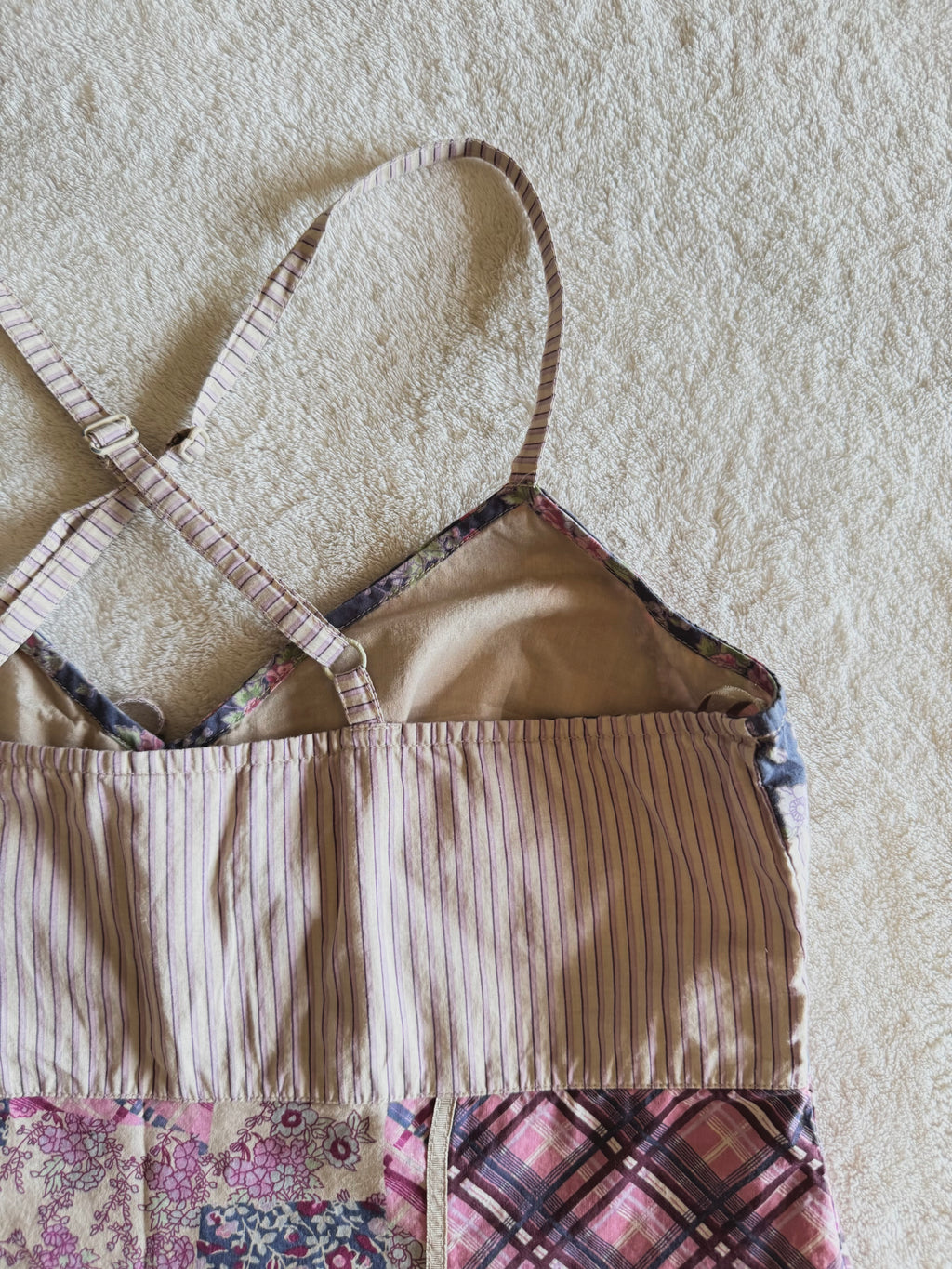 y2k vintage patchwork style criss-cross strap mixed print fitted cami top