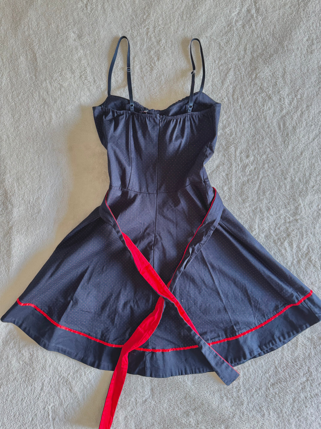 y2k vintage 50’s inspired navy blue and red polkadot tie back mini dress
