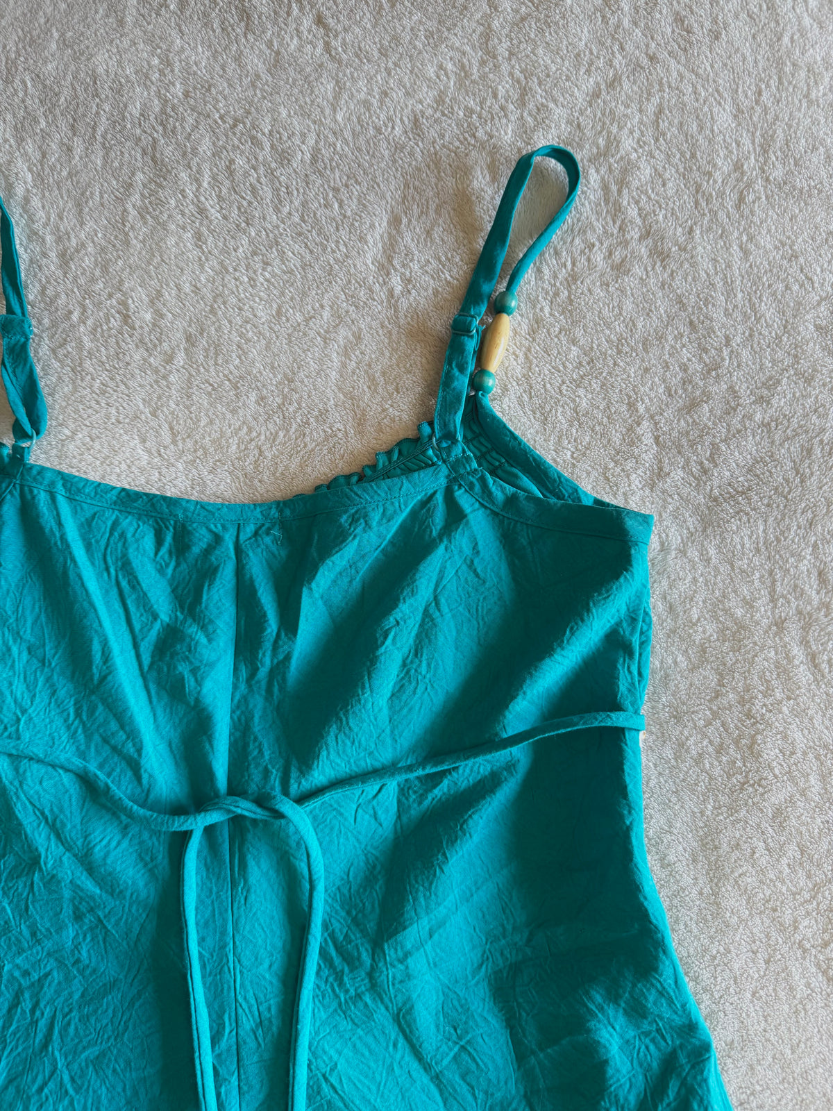 y2k vintage teal blue tie back fitted cami top with expansive floral embroidery