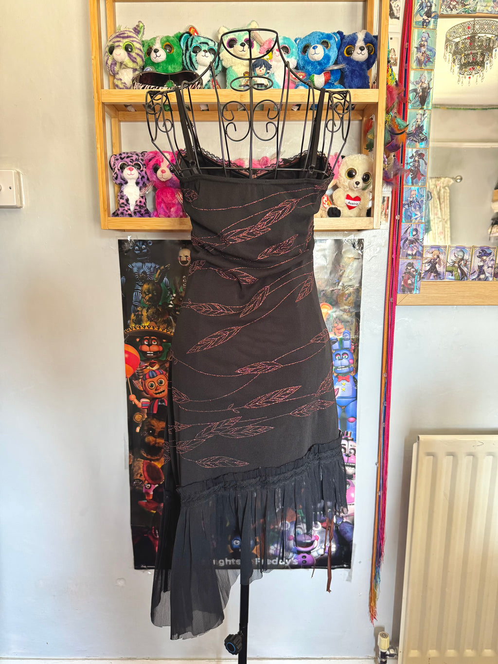 y2k vintage black asymmetrical hem mesh midi dress with bronze shimmer