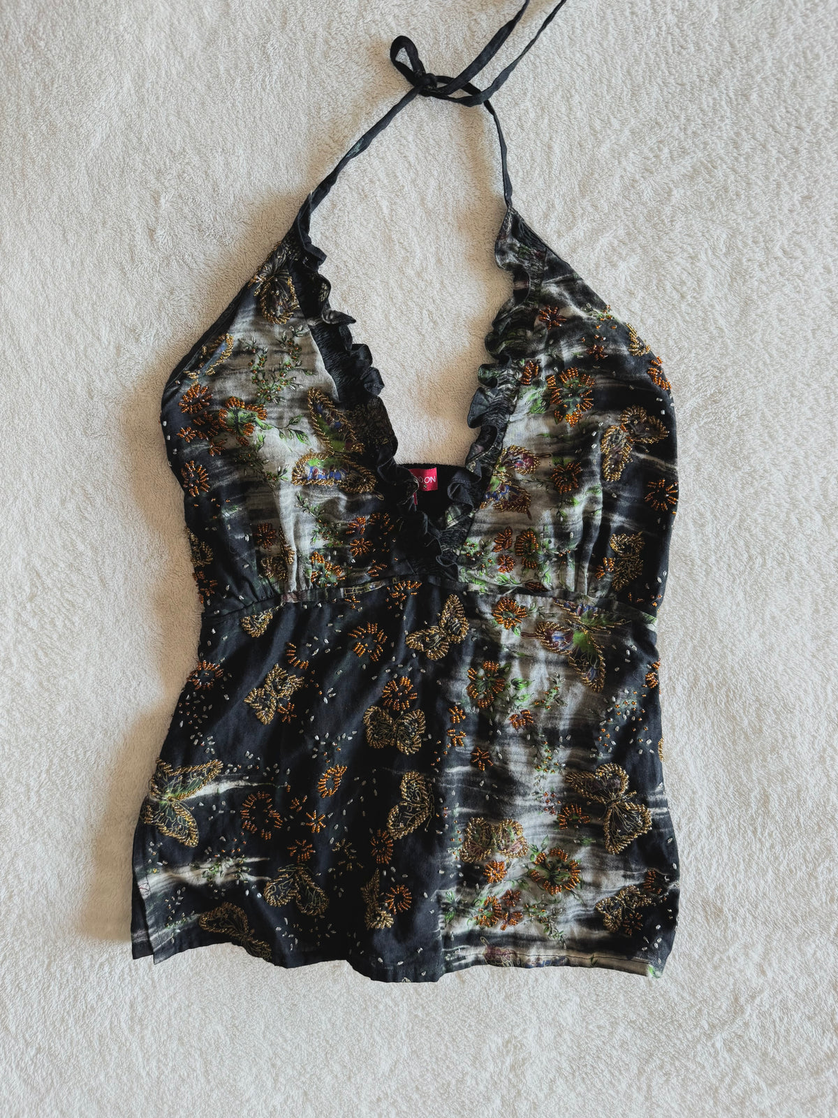 y2k vintage intentionally faded cotton handmade halterneck butterfly beaded cami top