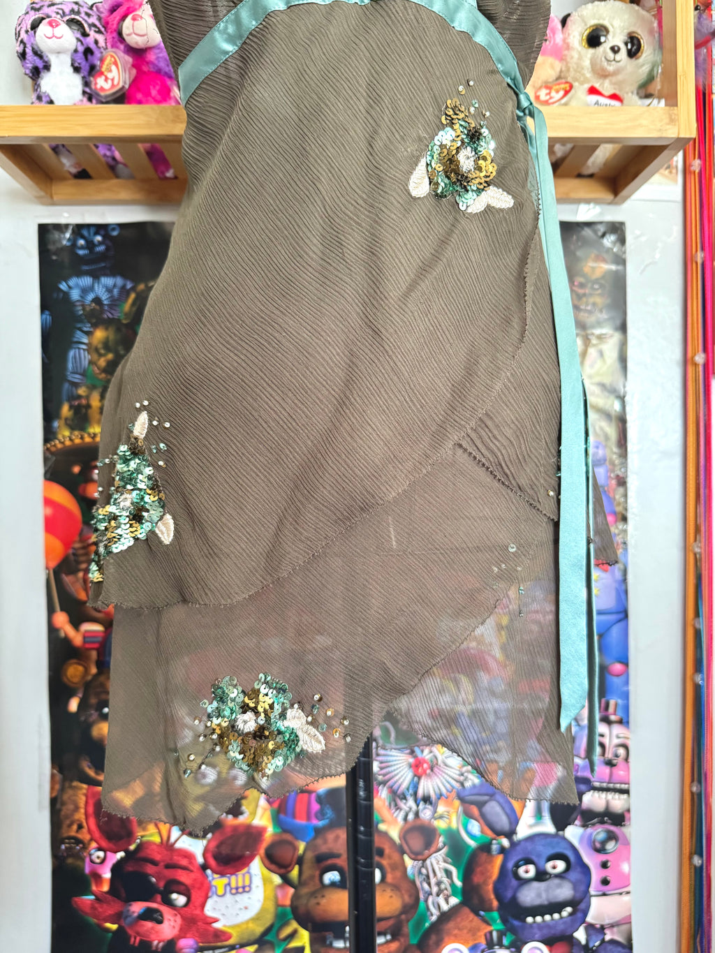 y2k vintage brown, turquoise silk asymmetric layered fairy halter cami top with sequins
