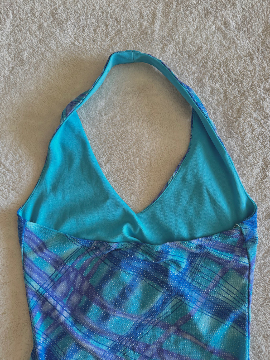 y2k vintage aqua blue fitted halterneck tie back top with glittery shimmer throughout