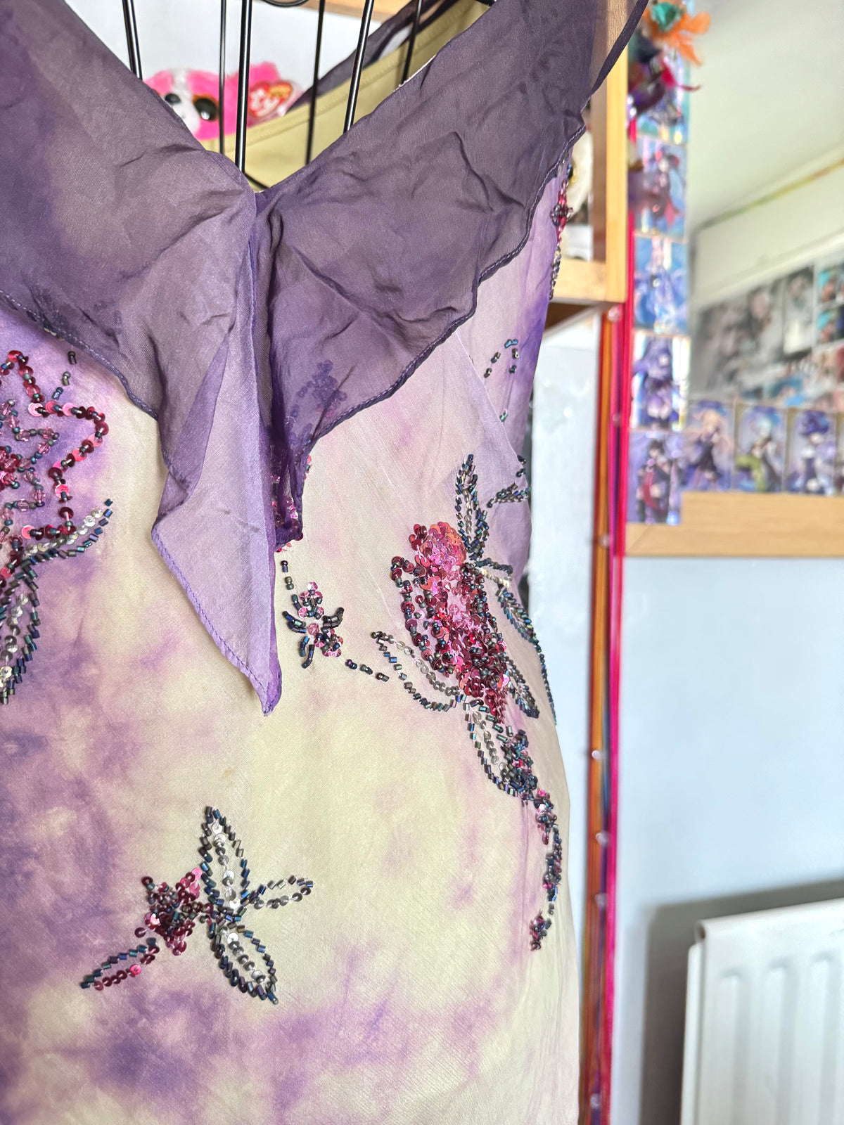 y2k vintage violet purple whimsical silk floral beaded hanky hem cowl neck maxi dress fairy