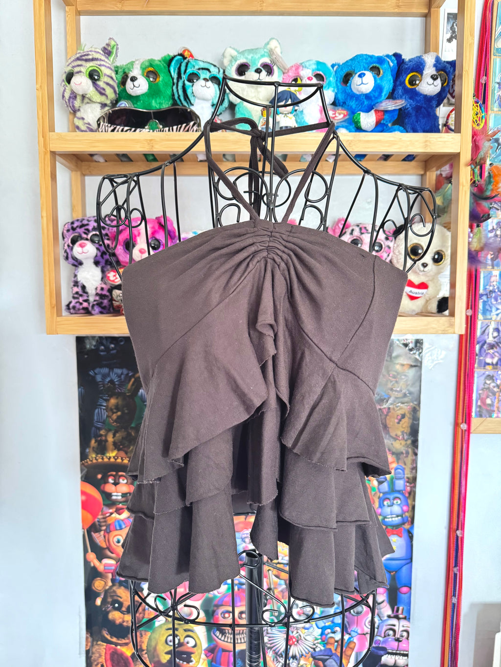 y2k vintage chocolate brown ruffle tiered mini skirt or floaty halter top fairycore
