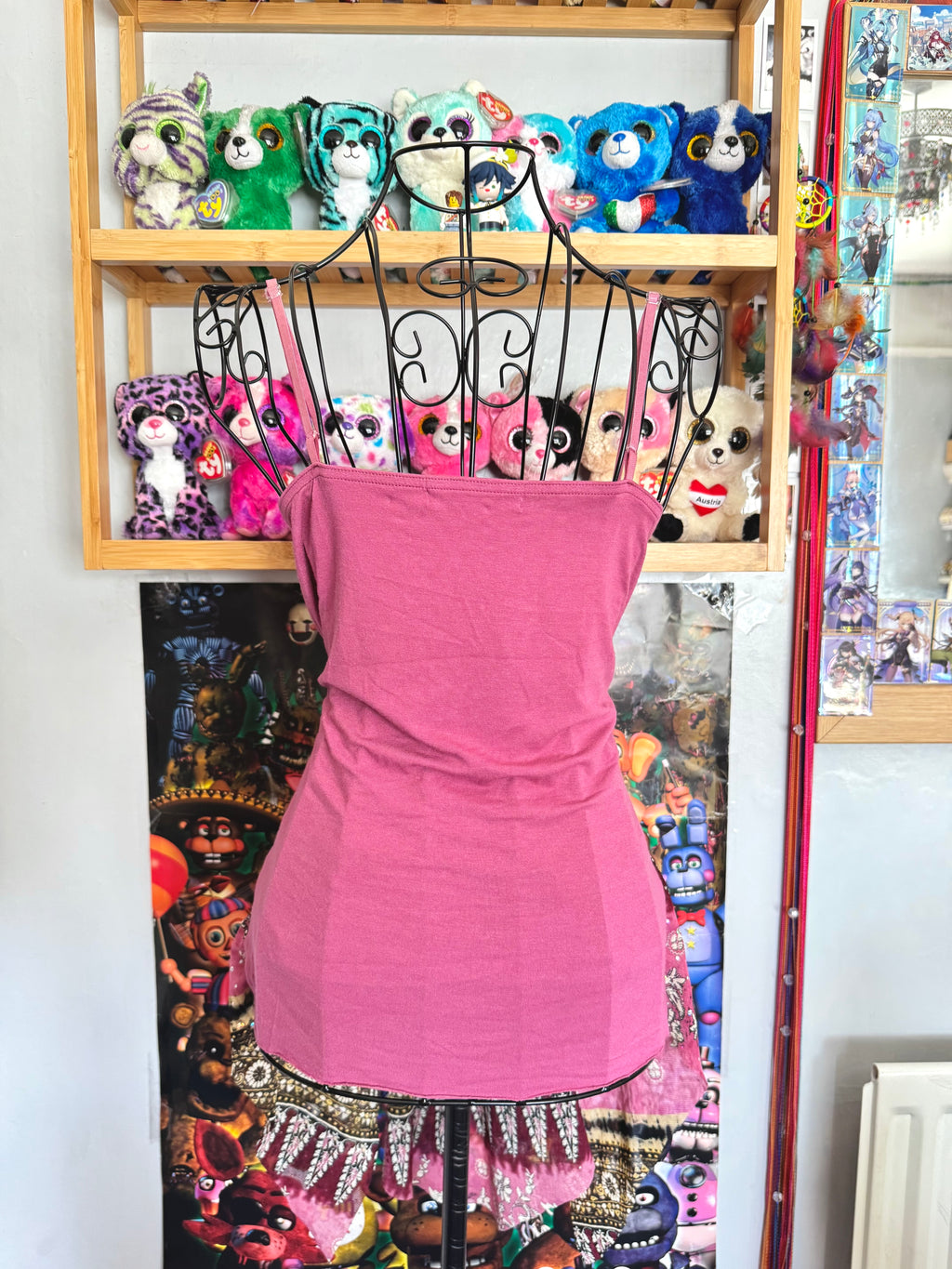 y2k vintage pink boho floaty babydoll ruched mesh cami top
