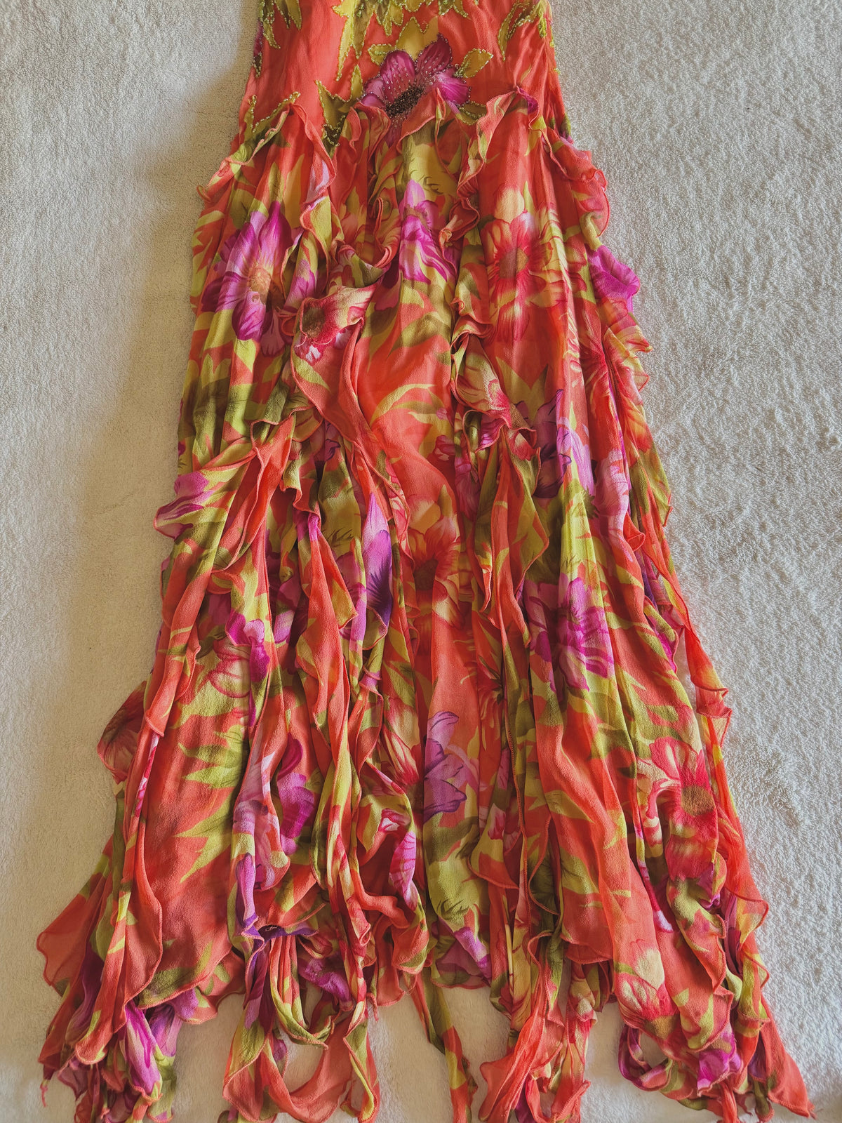 y2k vintage silk orange floral special occasion maxi dress with tassel hem