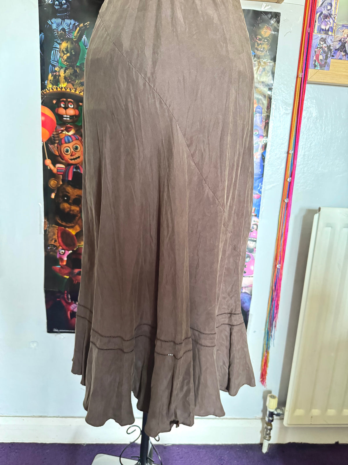 y2k vintage chocolate brown and turquoise blue silk fitted beaded shell midi dress