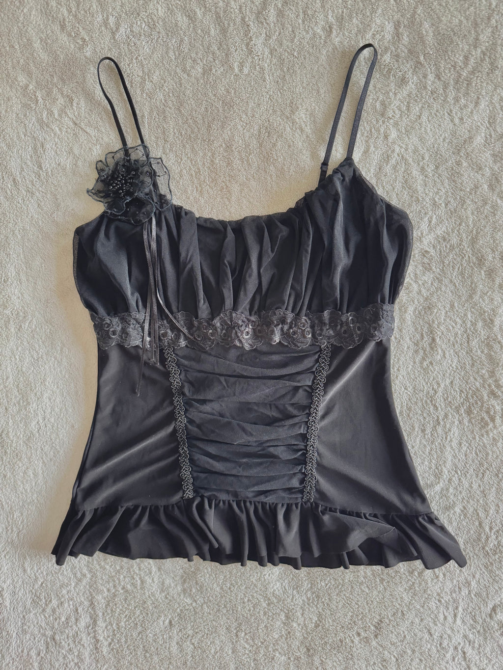 y2k vintage black mesh fitted cami top with ruffle hem and ruched milkmaid bust gothic