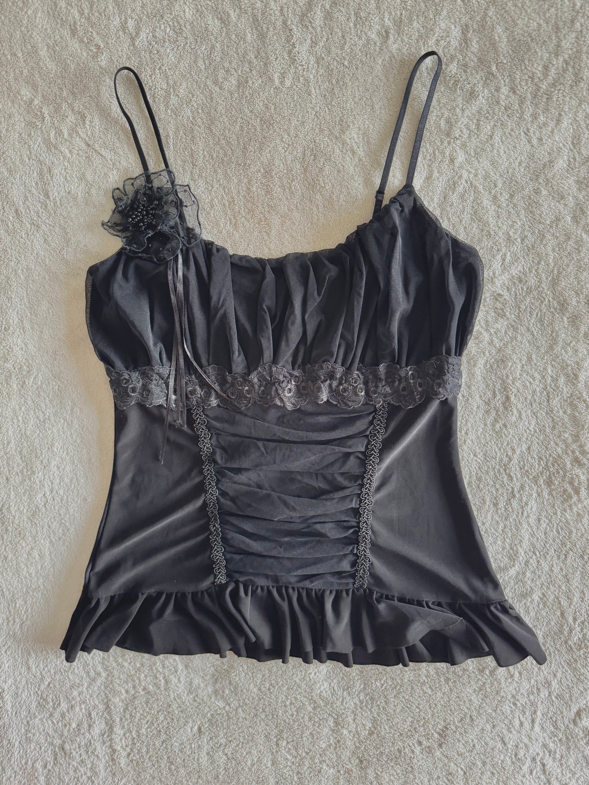 y2k vintage black mesh fitted cami top with ruffle hem and ruched milkmaid bust gothic