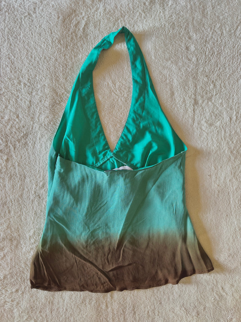 y2k vintage ombre brown and turquoise blue fitted halterneck floral embroidered top
