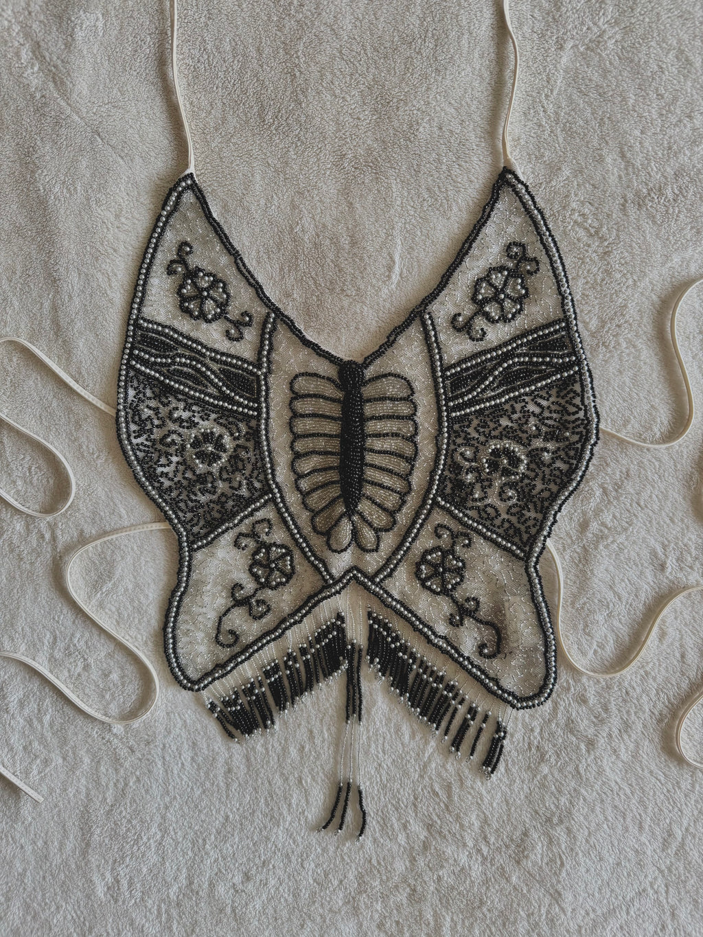 y2k vintage backless fitted fully beaded black and white halterneck butterfly top festival