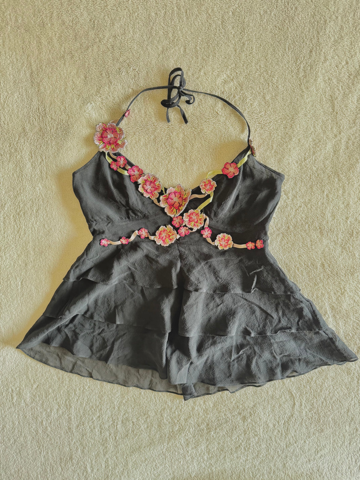 y2k vintage stunning silk ruffle tiered floral halterneck cami top