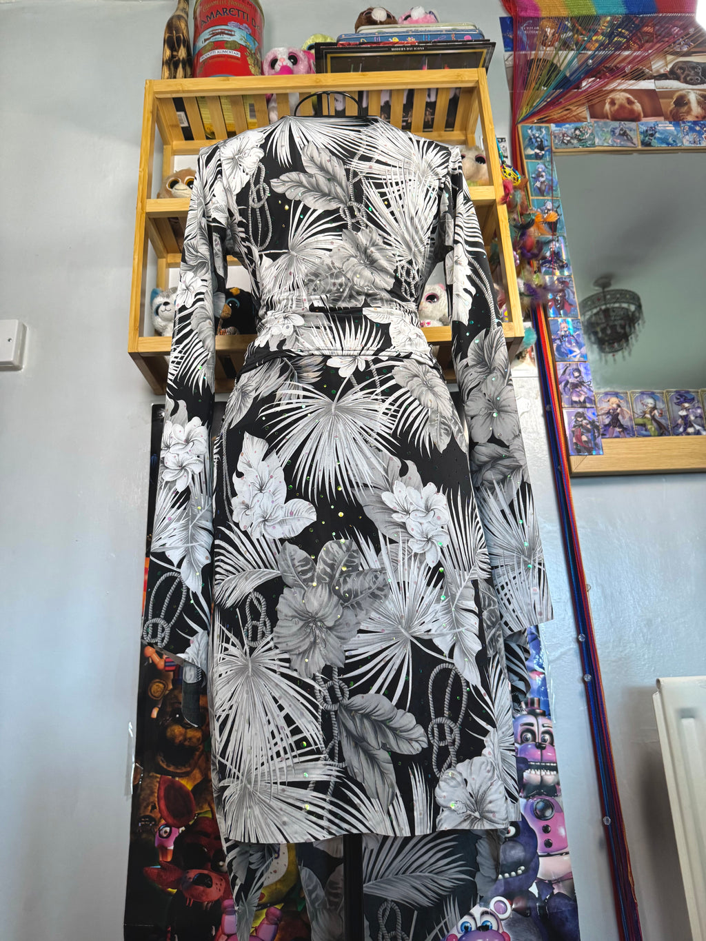 y2k vintage silver slinky 2 piece set flared sleeve top and asymmetrical midi skirt