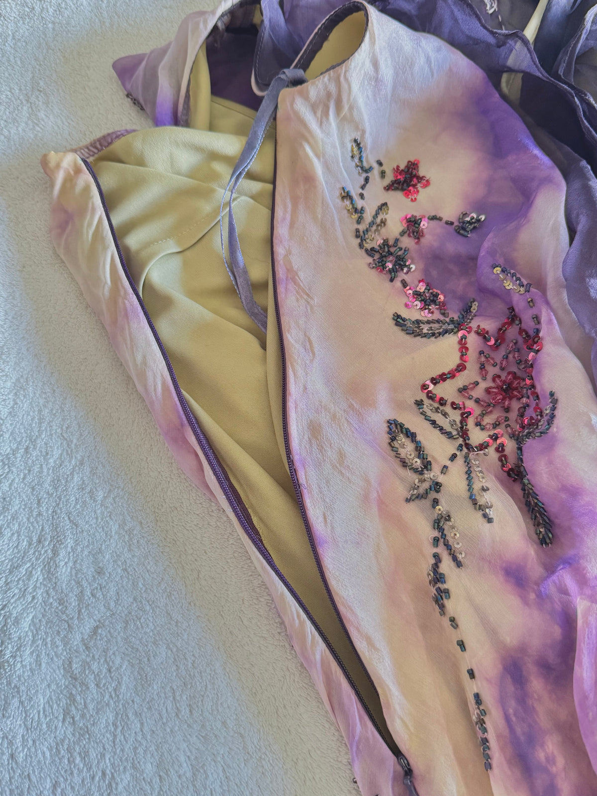 y2k vintage violet purple whimsical silk floral beaded hanky hem cowl neck maxi dress fairy