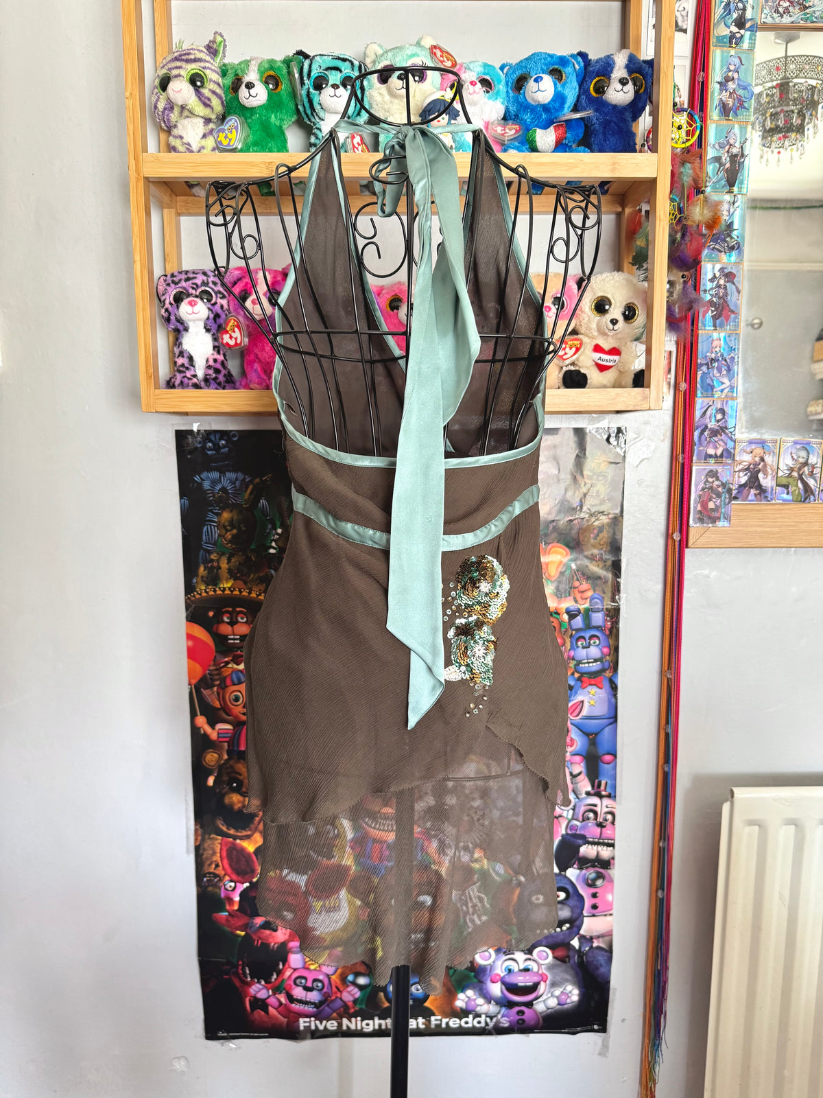 y2k vintage brown, turquoise silk asymmetric layered fairy halter cami top with sequins