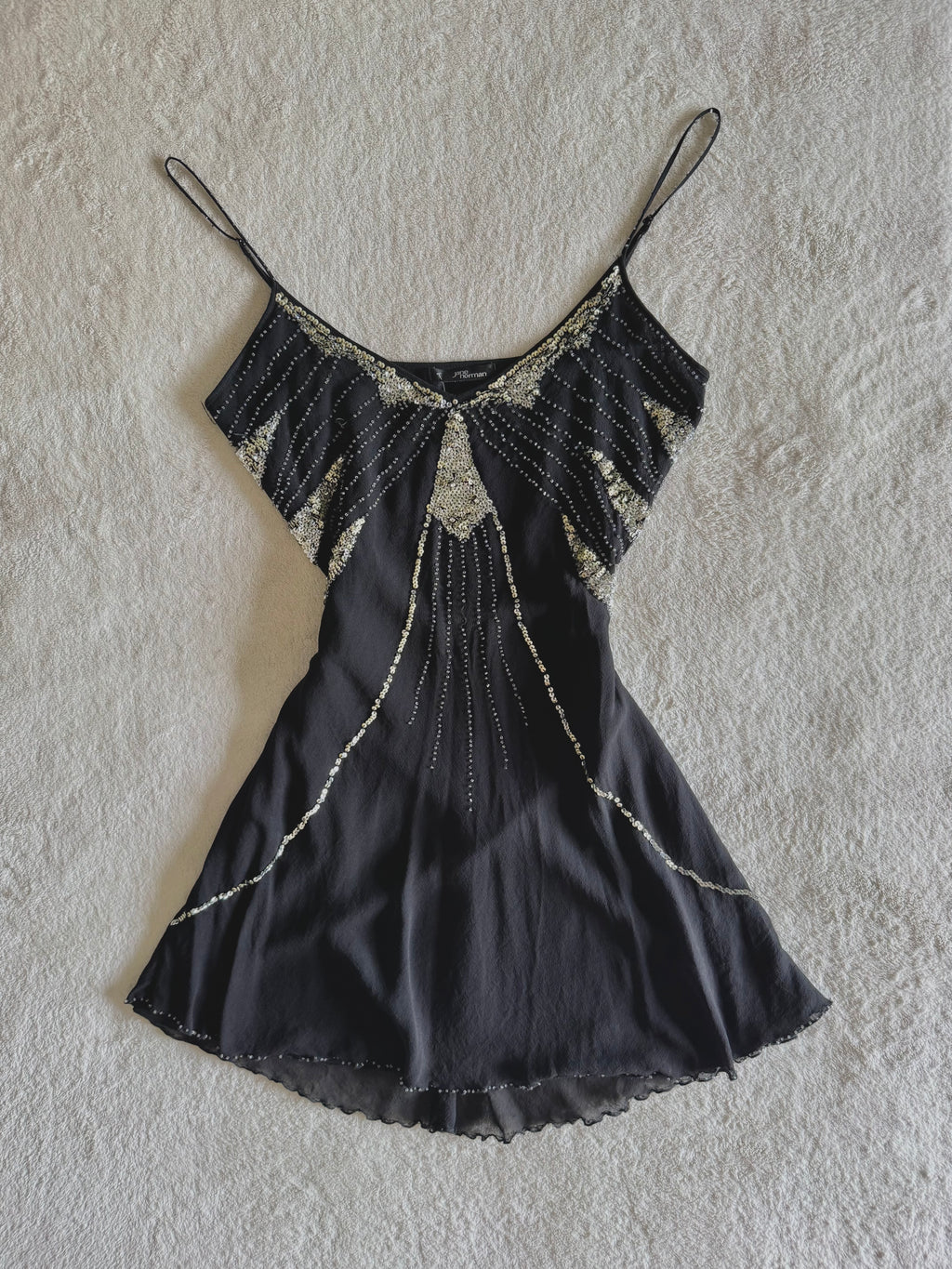 y2k vintage silk black and silver sequin embellished floaty mini dress