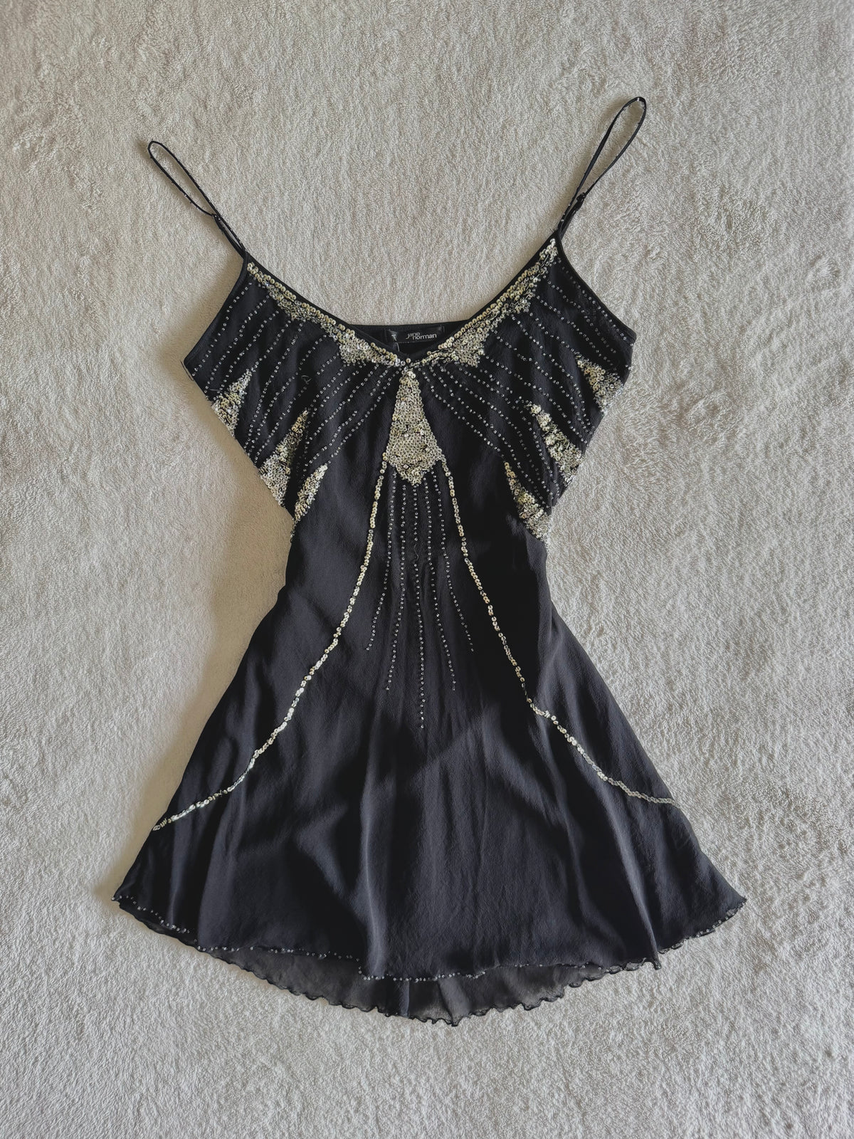 y2k vintage silk black and silver sequin embellished floaty mini dress