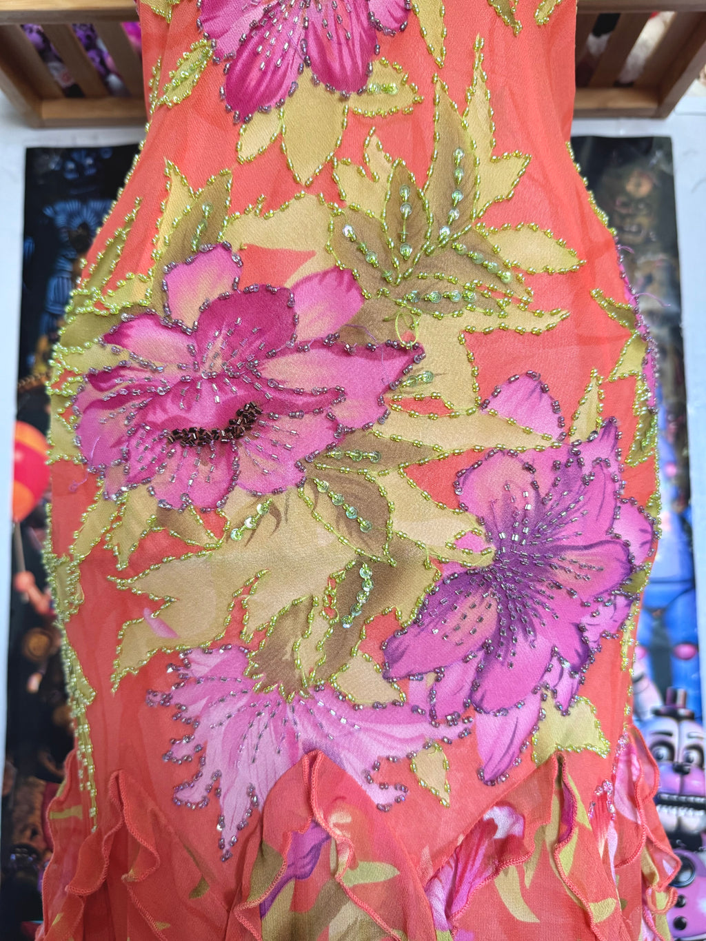 y2k vintage silk orange floral special occasion maxi dress with tassel hem