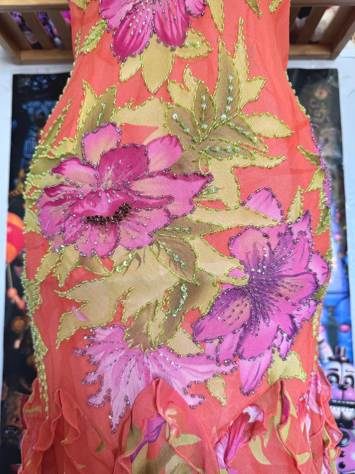 y2k vintage silk orange floral special occasion maxi dress with tassel hem