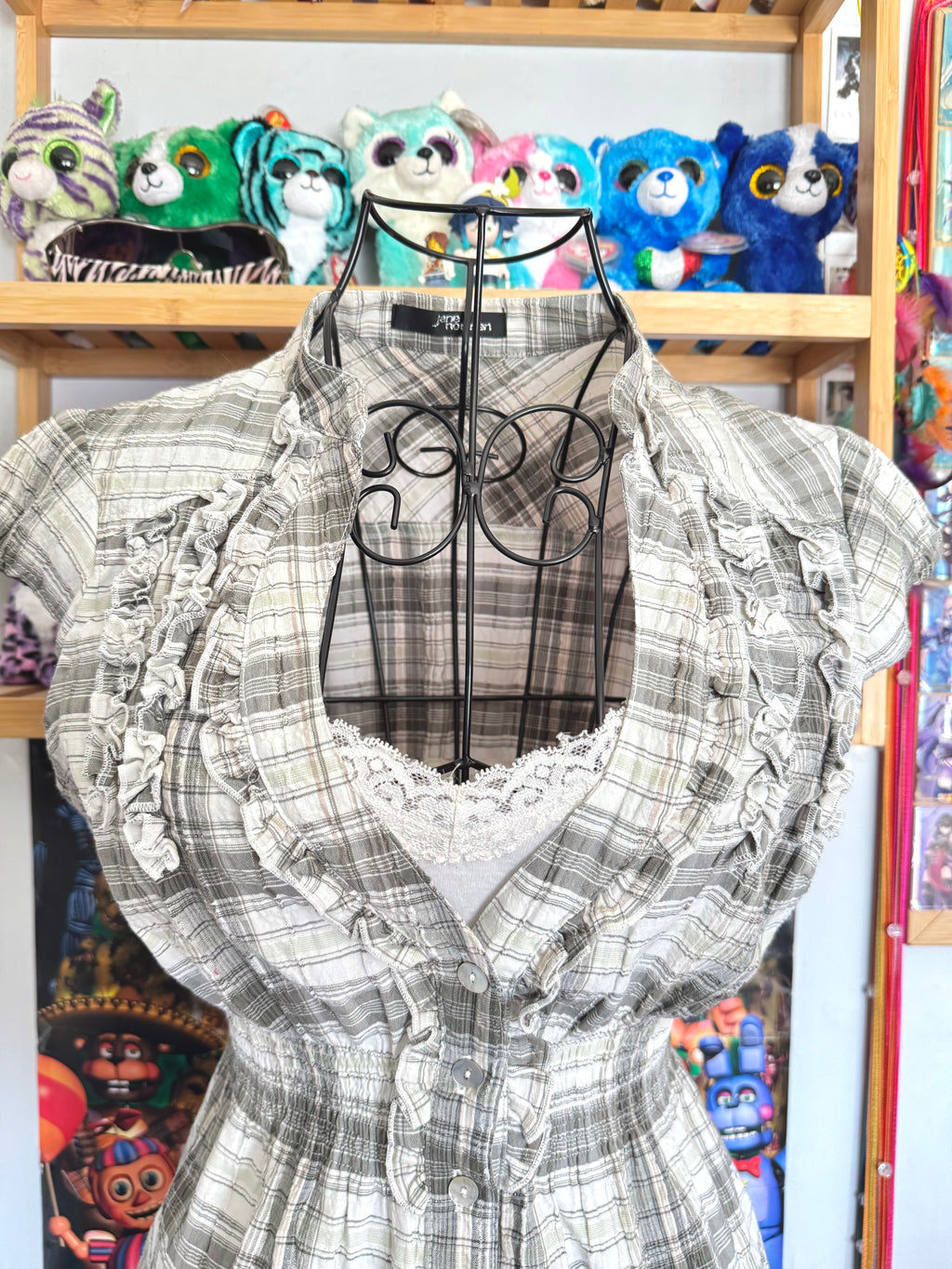 y2k vintage checkered button up babydoll top with elasticated waist and cap sleeves