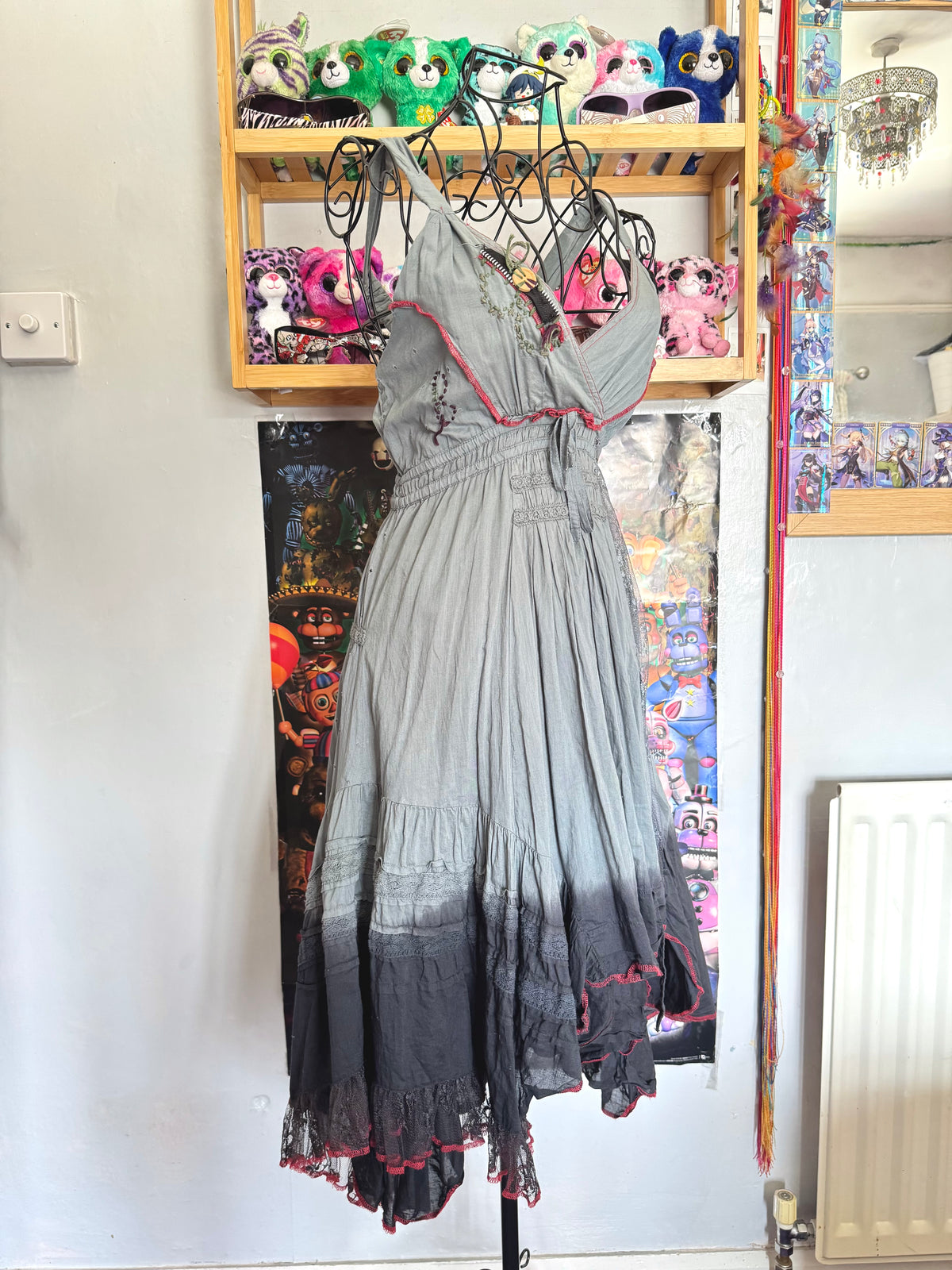y2k vintage cotton ombre green/grey floaty layered midi dress fairycore