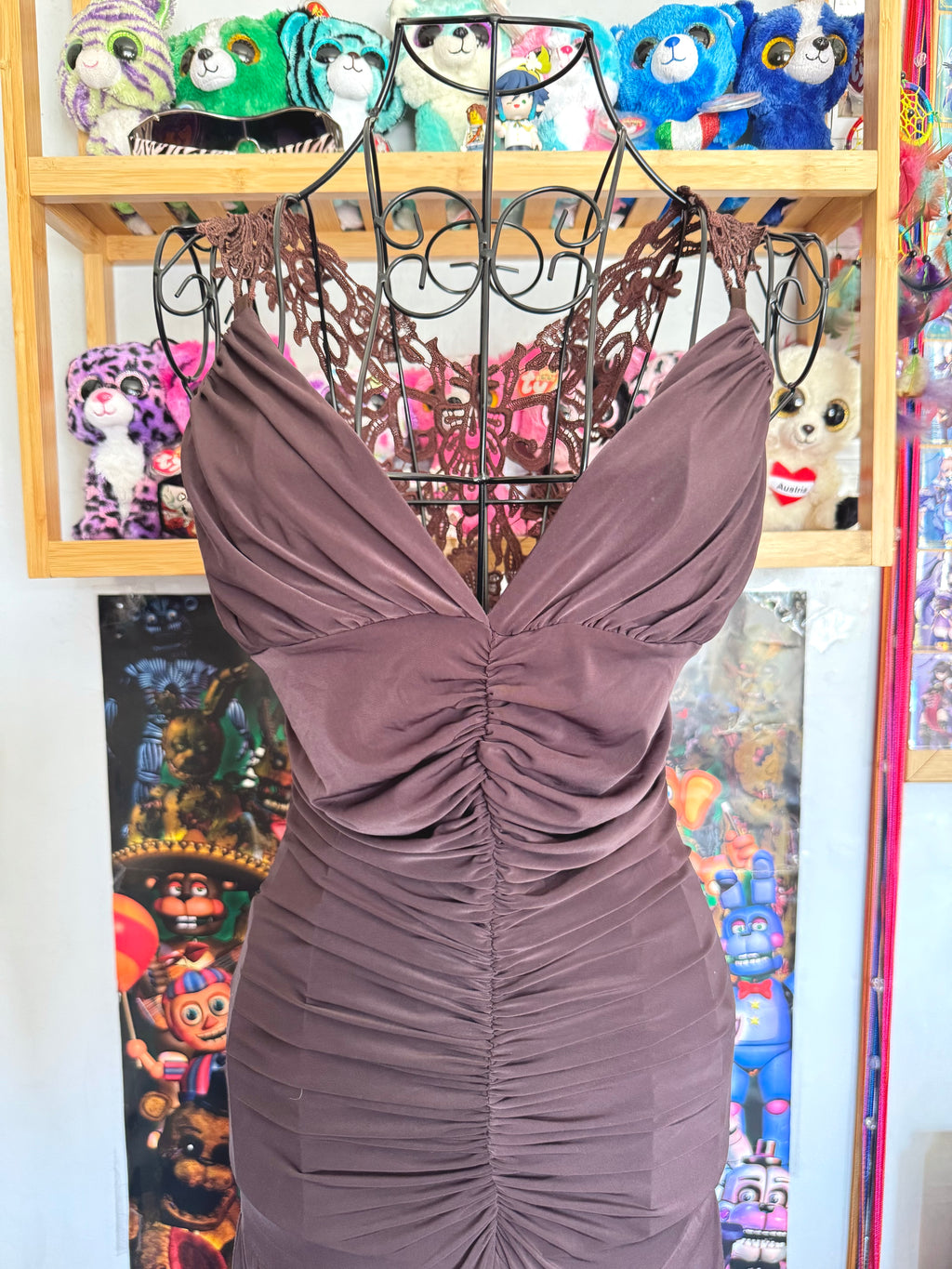 y2k vintage chocolate brown ruched fitted floral lace back fairycore mini dress