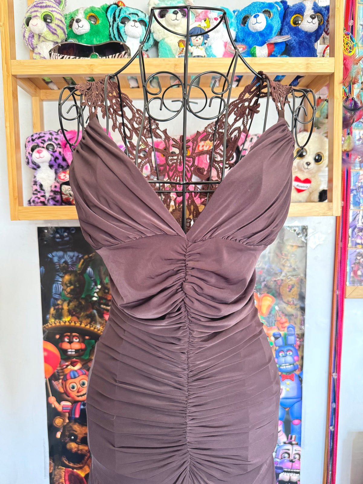 y2k vintage chocolate brown ruched fitted floral lace back fairycore mini dress