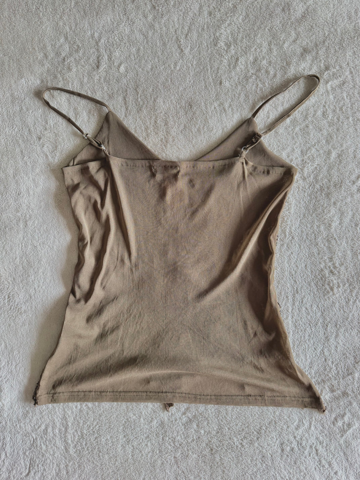 y2k vintage khaki brown sheer mesh butterfly sequinned cami top with jagged asymmetrical hem fairy