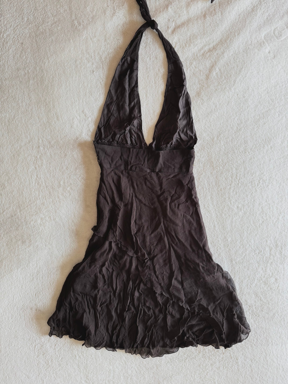 y2k vintage silk chocolate brown fitted asymmetrical fairy hem halterneck midi dress