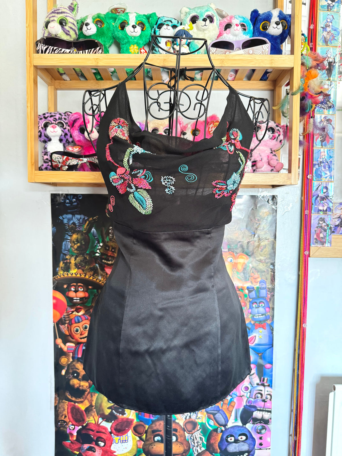 y2k vintage silk fitted cowl neck halter top with beading embellishments
