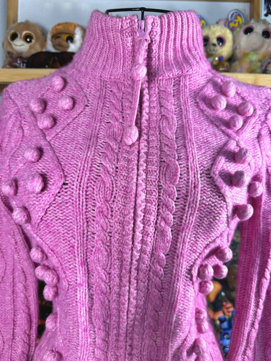 y2k vintage pink fitted cropped chunky cosy zip up jumper with bobbles