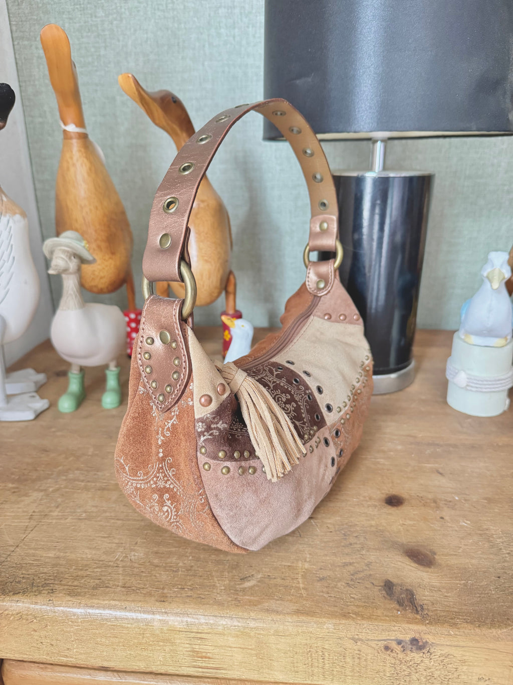 y2k vintage real suede patchwork boho mini bag