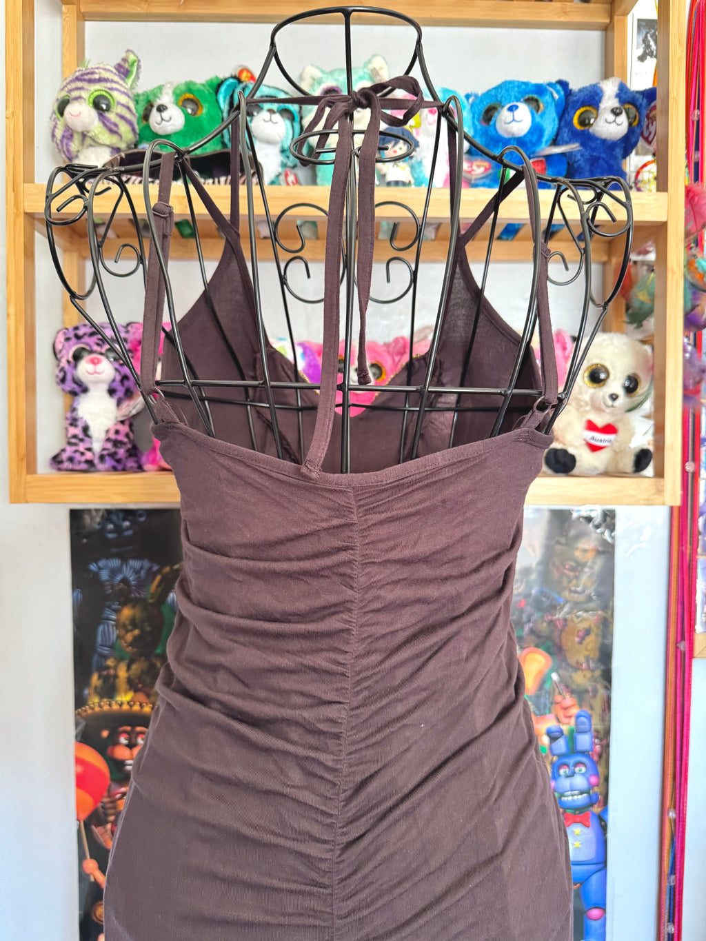 y2k vintage chocolate brown ruched asymmetrical hem midi halterneck dress with golden sequins
