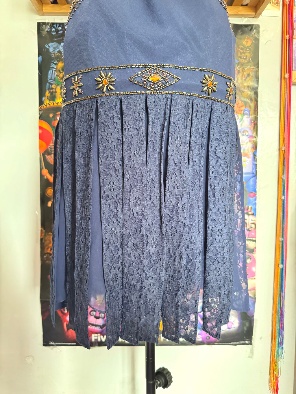 vintage 90’s royal navy blue silk dress gold and bronze beading embellishments astrology astronomy