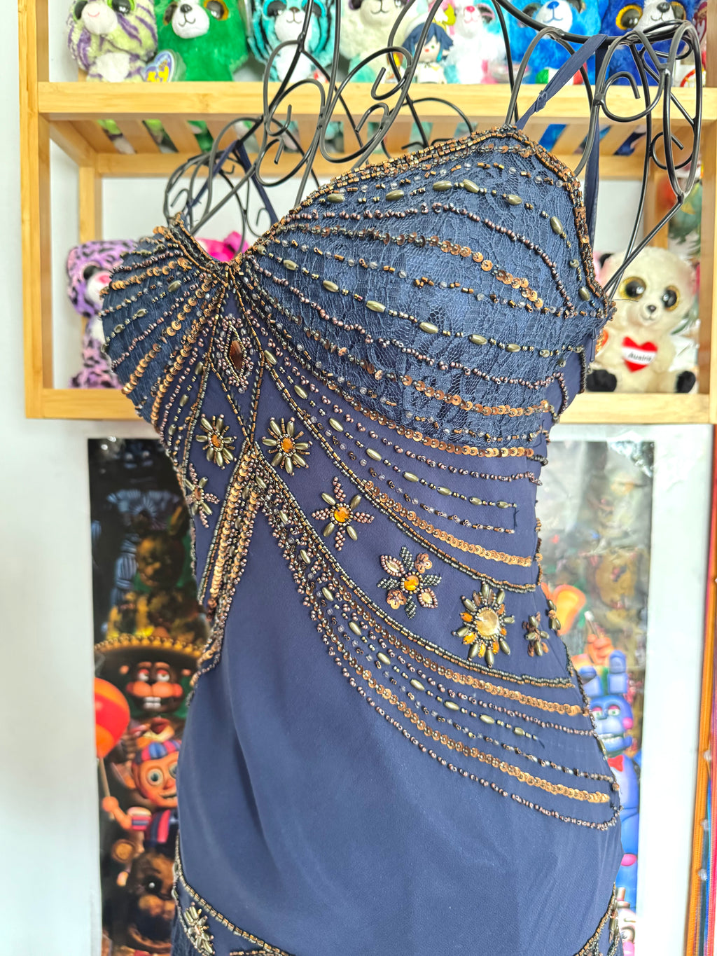 vintage 90’s royal navy blue silk dress gold and bronze beading embellishments astrology astronomy