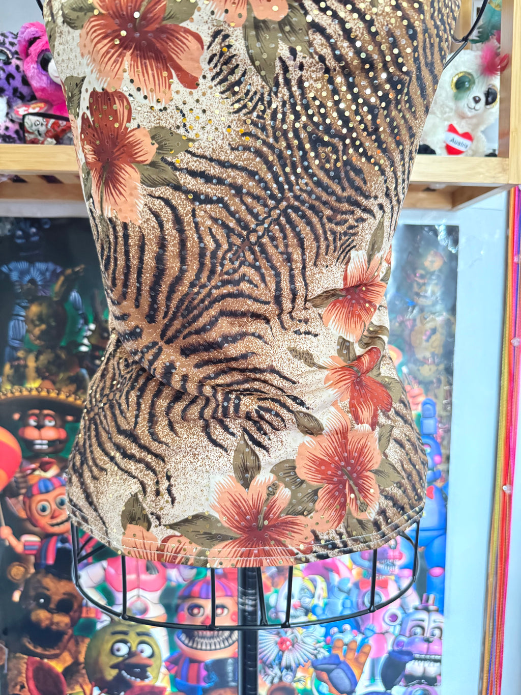 y2k vintage cowl neck fitted earthy vest top with mixed floral and animal print