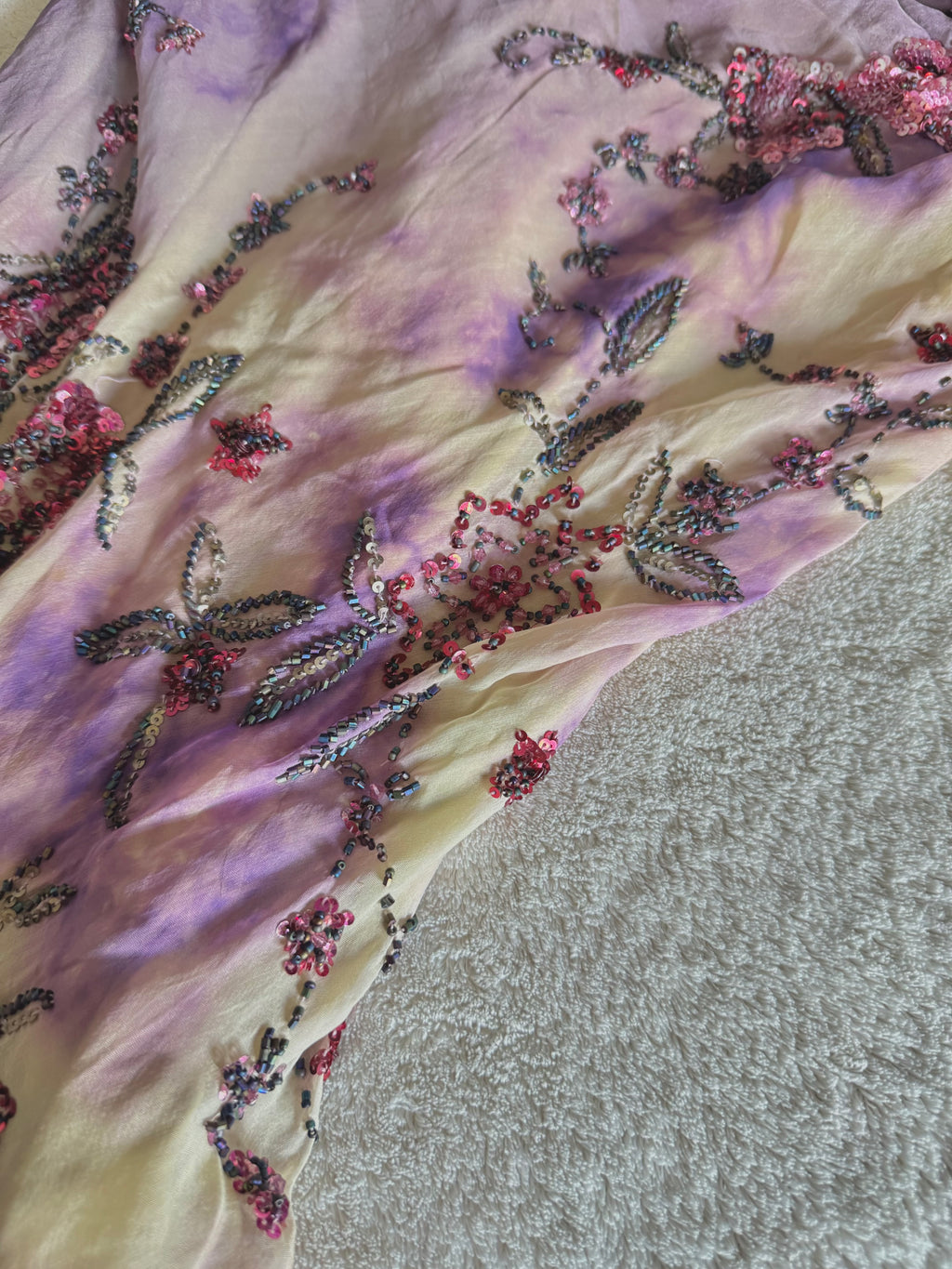 y2k vintage violet purple whimsical silk floral beaded hanky hem cowl neck maxi dress fairy