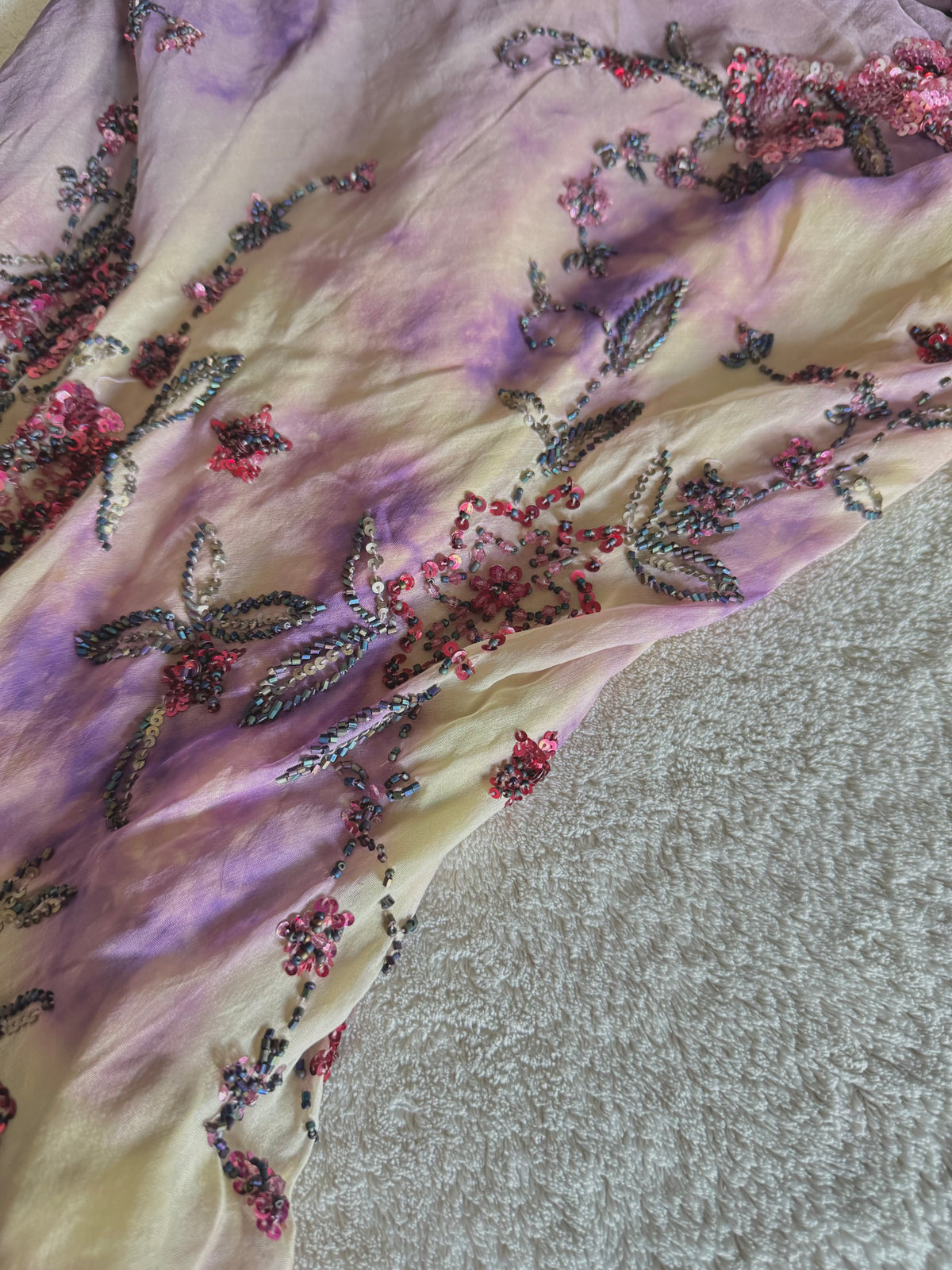 y2k vintage violet purple whimsical silk floral beaded hanky hem cowl neck maxi dress fairy