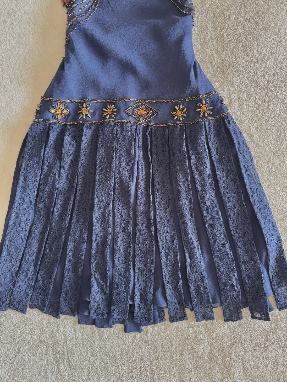 vintage 90’s royal navy blue silk dress gold and bronze beading embellishments astrology astronomy