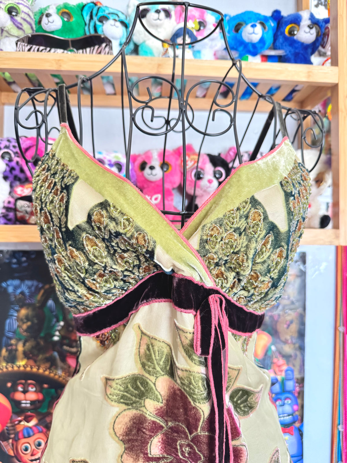 y2k vintage mixed textures velvet beaded incredible earthy cami top whimsical fairycore