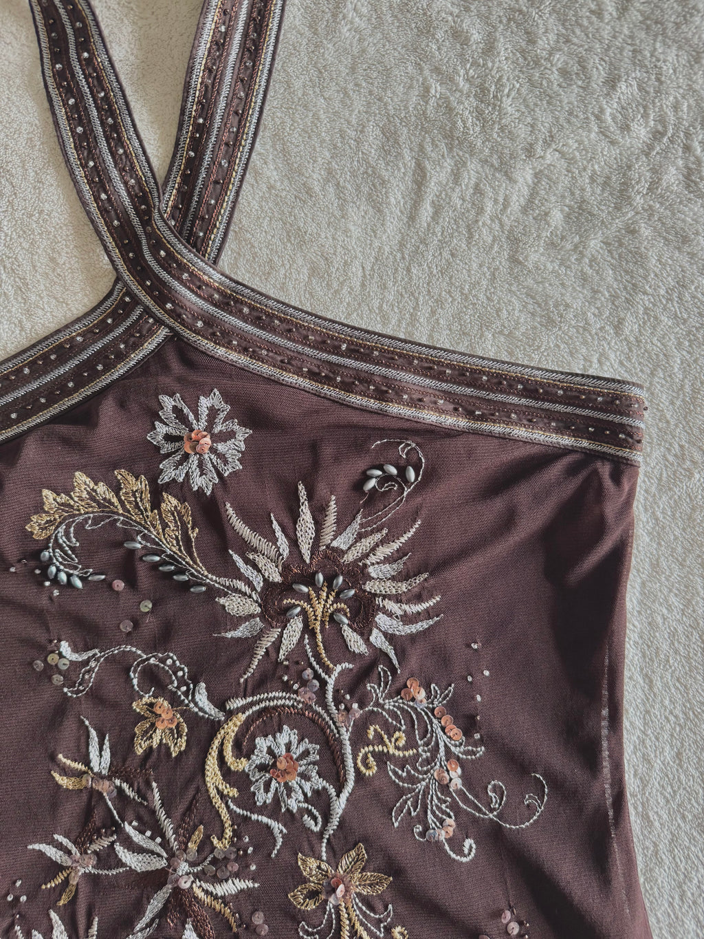 y2k vintage chocolate brown floral embroidered sequin halterneck fitted top fairycore